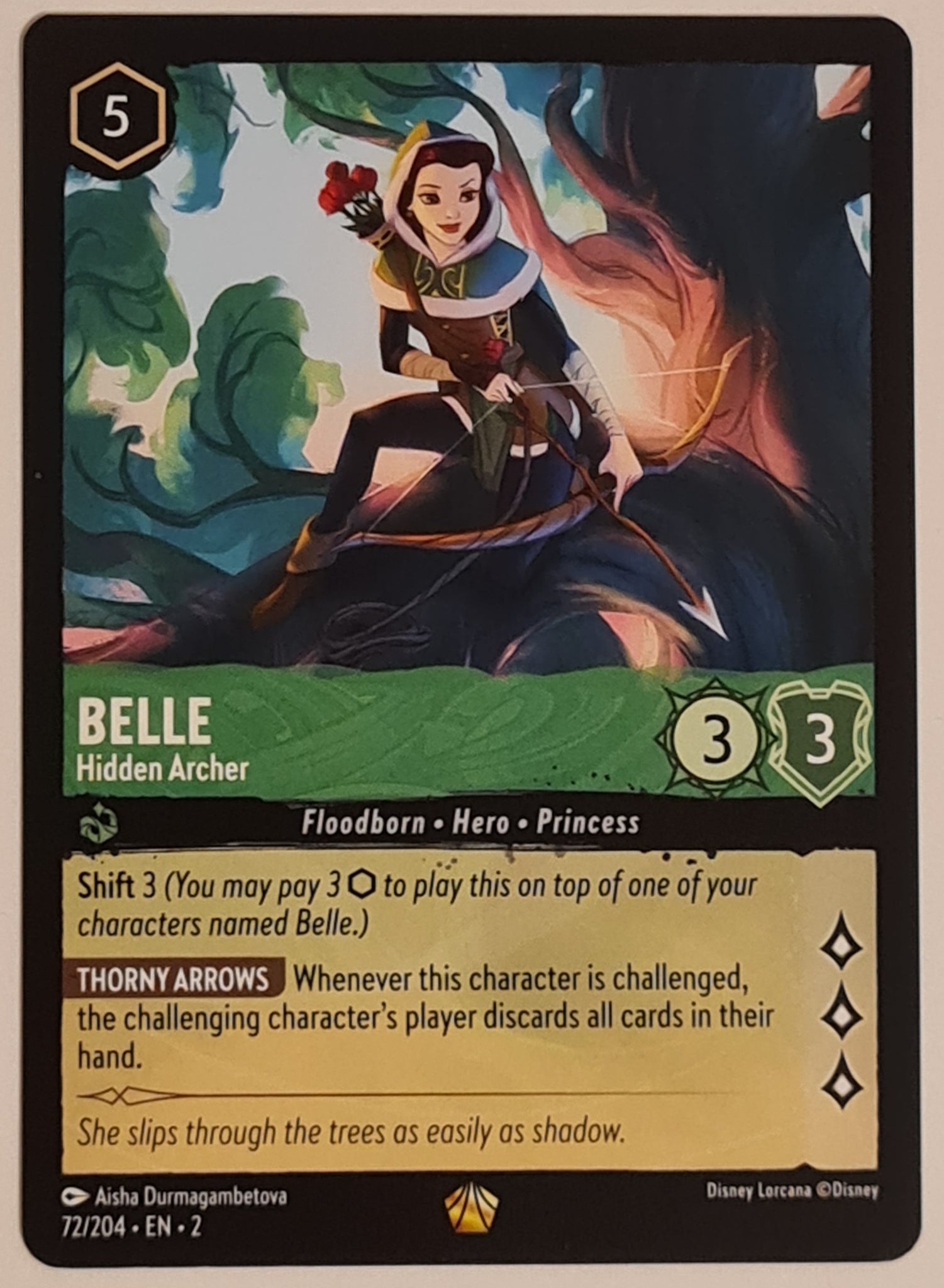 Disney Lorcana Rise of the Floodborn Belle Hidden Archer #72/204 Legendary Rare Trading Card