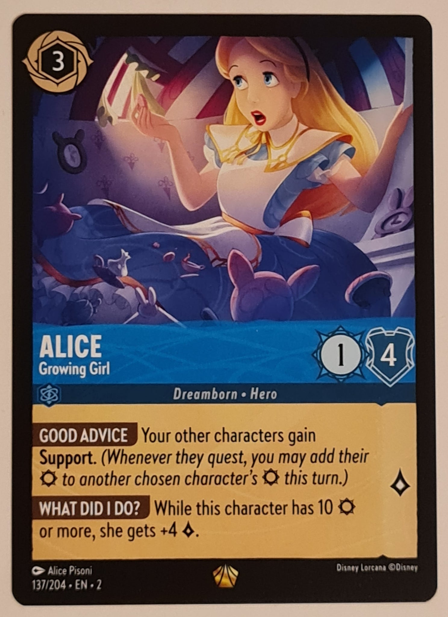 Disney Lorcana Rise of the Floodborn Alice Growing Girl V.1. #137/204 Legendary Rare Trading Card