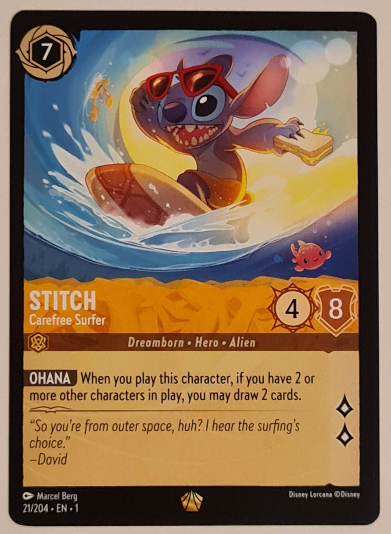 Disney Lorcana the First Chapter Stitch Carefree Surfer V.1. #21/204 Legendary Rare Trading Card