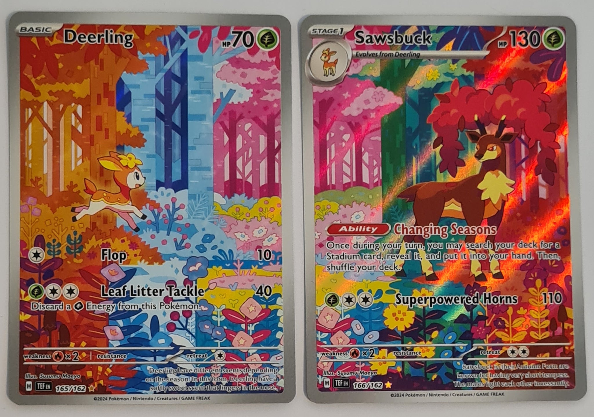 Pokemon Scarlet and Violet Temporal Forces Deerling+Sawsbuck #165-166/162 Illustration Rare Holo Trading Card Storyline Art Set
