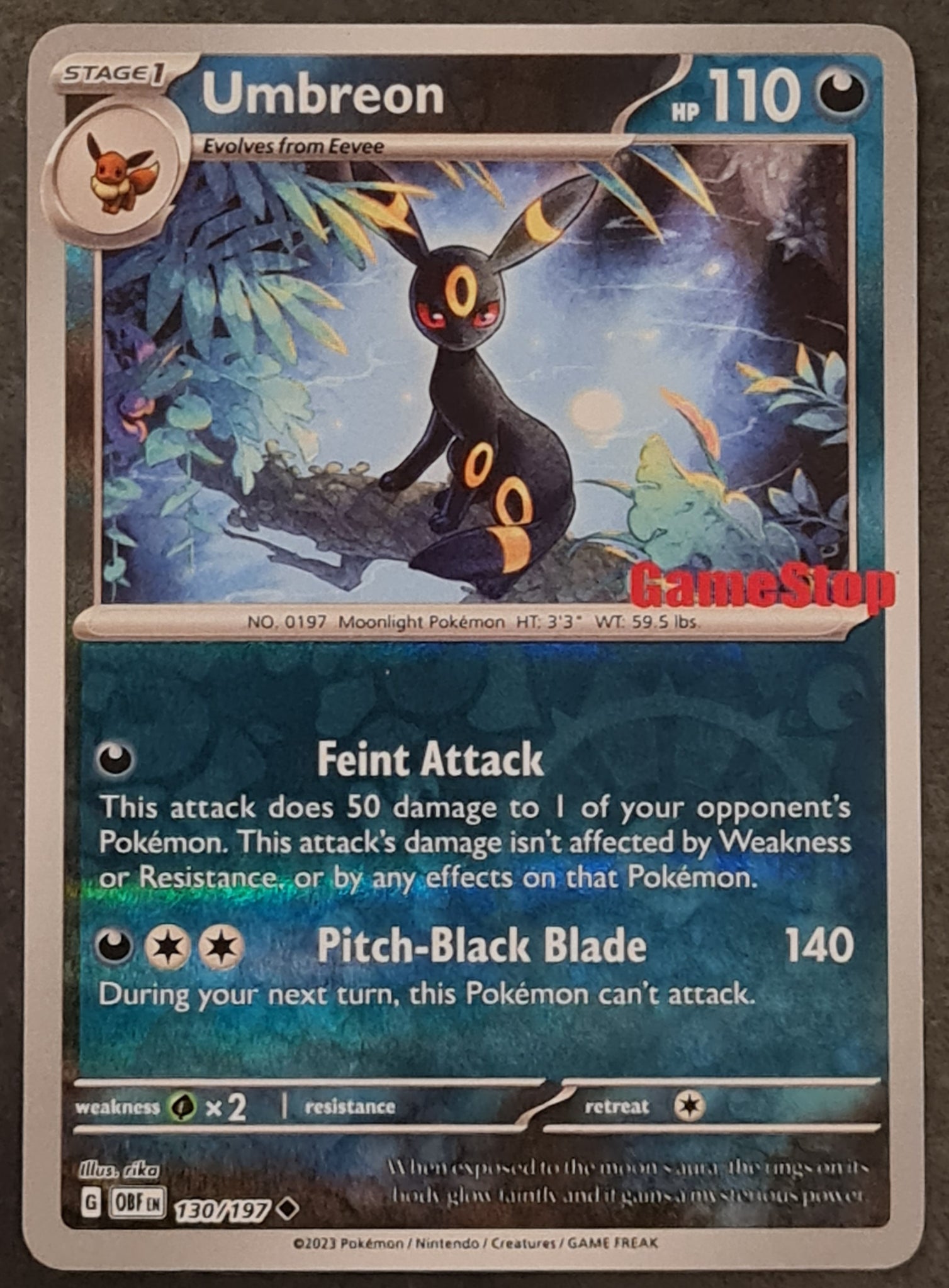Pokemon Scarlet and Violet Obsidian Flames Umbreon #130/197 GameStop Promo Reverse Holo Trading Card