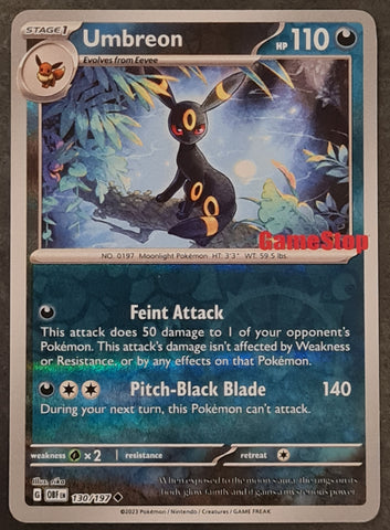 Pokemon Scarlet and Violet Obsidian Flames Umbreon #130/197 GameStop Promo Reverse Holo Trading Card