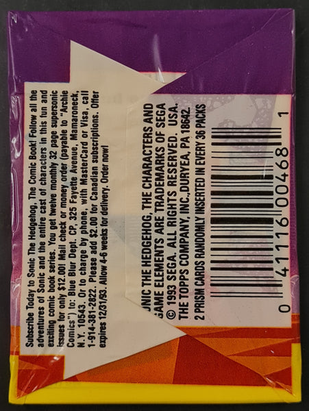 1993 Topps Sonic the Hedgehog Trading Cards Sealed Cello Pack