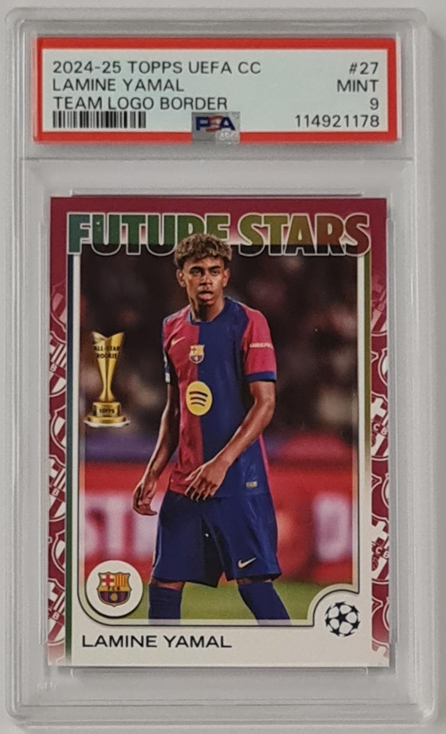 2024-25 Topps UEFA Club Competitions Flagship Edition Lamine Yamal #27 PSA Mint 9 Team Logo Border SP Parallel Trading Card (Pop 2)