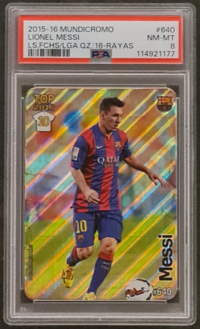 2015-16 Mundicromo Las Fichas Quiz de La Liga Lionel Messi #640 PSA 8 Rayas Foil Trading Card