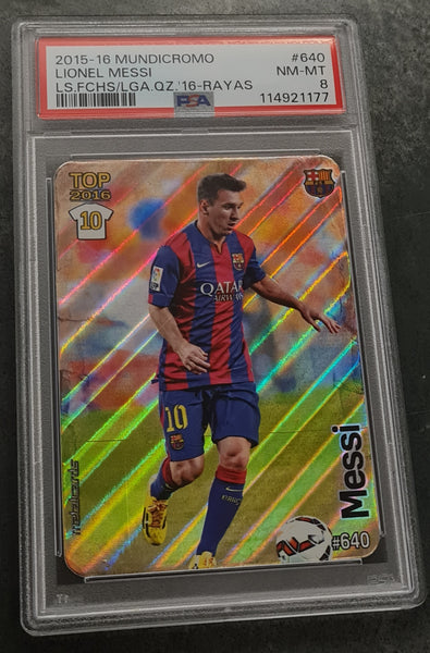 2015-16 Mundicromo Las Fichas Quiz de La Liga Lionel Messi #640 PSA 8 Rayas Foil Trading Card