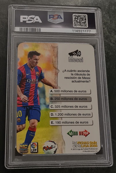 2015-16 Mundicromo Las Fichas Quiz de La Liga Lionel Messi #640 PSA 8 Rayas Foil Trading Card