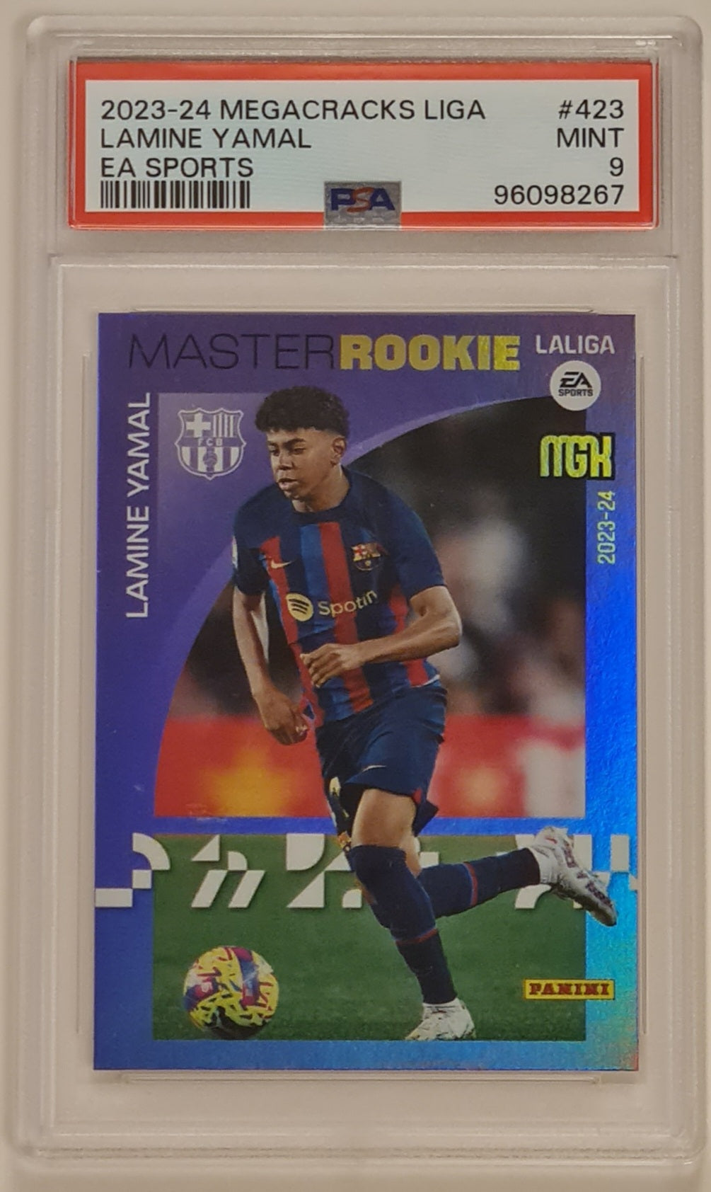 2023-24 Panini Megacracks Liga EA Sports Lamine Yamal #423 PSA Mint 9 Master Rookie Card (Only debut jersey #71 card!)