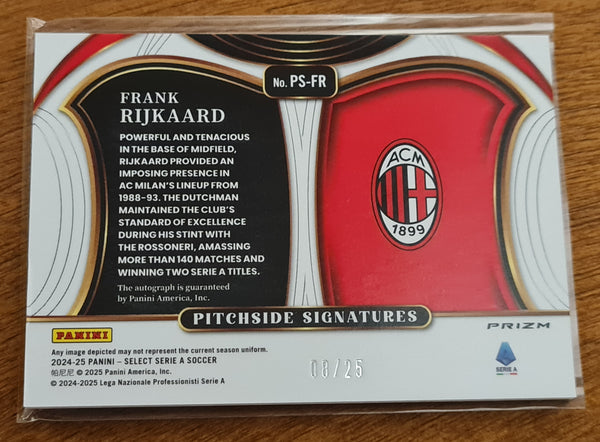 2024-25 Panini Select Serie A Soccer Pitchside Signatures Frank Rijkaard #PS-FR Prizm Tie Dye Parallel /25 Autograph Card (Jersey Numbered 💎)