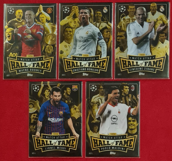 2024-25 Topps Match Attax UCL Hall of Fame #HOF-1-5 Chrome Trading Card Set (Ronaldo/Messi/Zidane/Rooney/Maldini)
