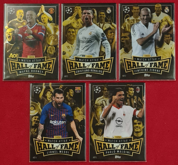 2024-25 Topps Match Attax UCL Hall of Fame #HOF-1-5 Chrome Trading Card Set (Ronaldo/Messi/Zidane/Rooney/Maldini)