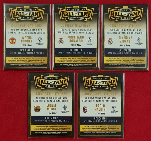 2024-25 Topps Match Attax UCL Hall of Fame #HOF-1-5 Chrome Trading Card Set (Ronaldo/Messi/Zidane/Rooney/Maldini)