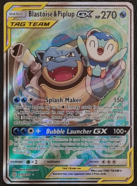 Pokemon Sun and Moon Cosmic Eclipse Blastoise and Piplup GX #215/236 Special Illustration Rare Holo Trading Card