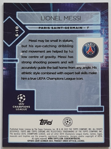 2022-23 Topps Stadium Club Chrome UEFA Champions League Lionel Messi Specimen #S-10 Insert Trading Card