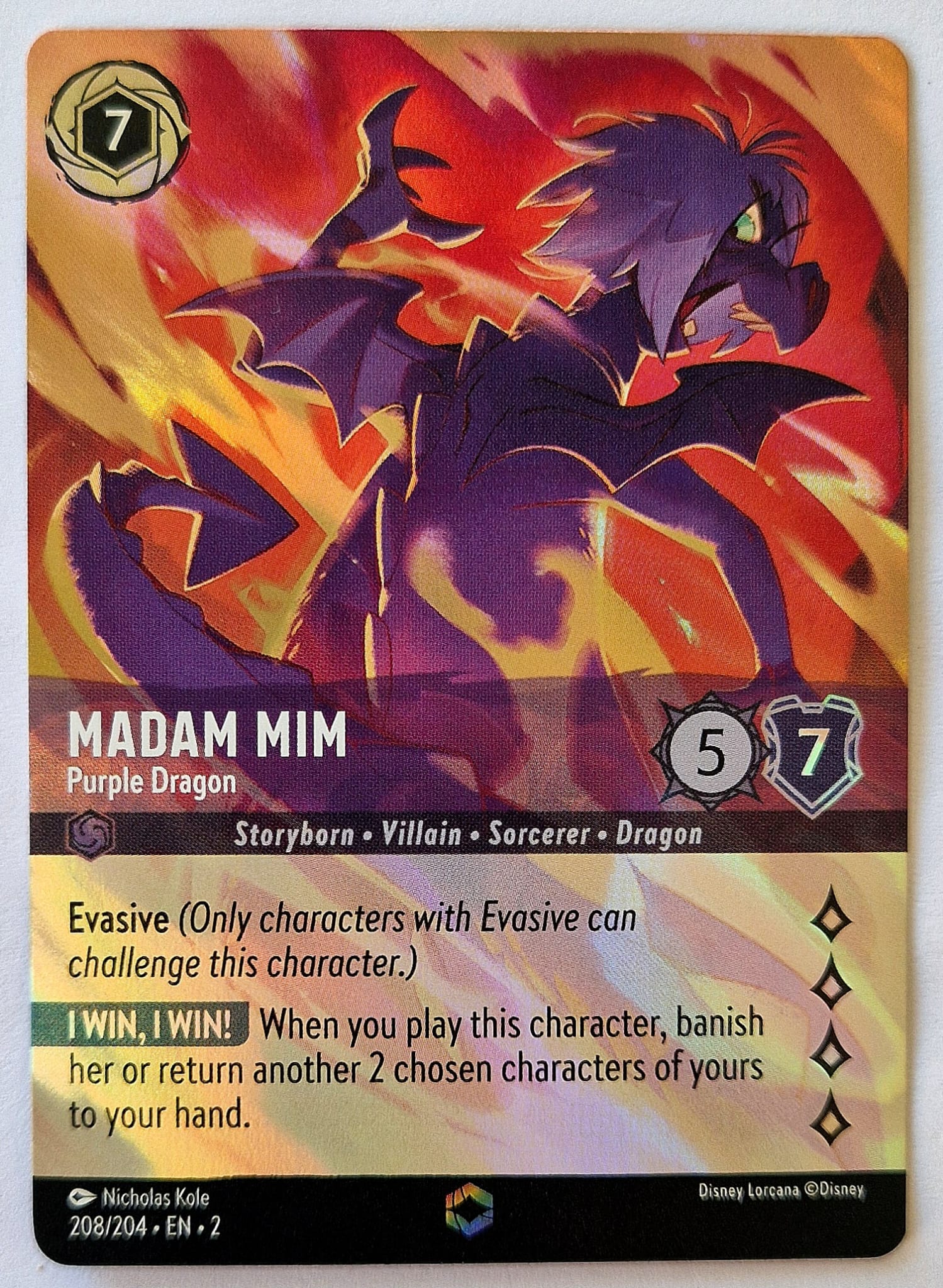 Disney Lorcana Rise of the Floodborn Madam Mim Purple Dragon V.2. #208/204 Enchanted Foil Trading Card