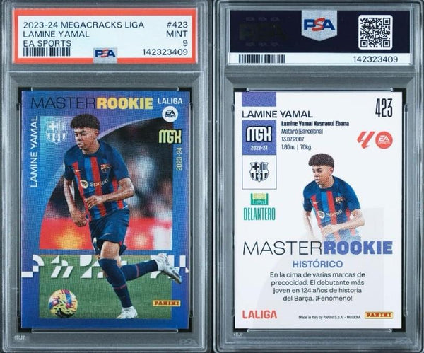 2023-24 Panini Megacracks Liga EA Sports Lamine Yamal #423 PSA MINT 9 Master Rookie Card (Only debut jersey #71 card!)