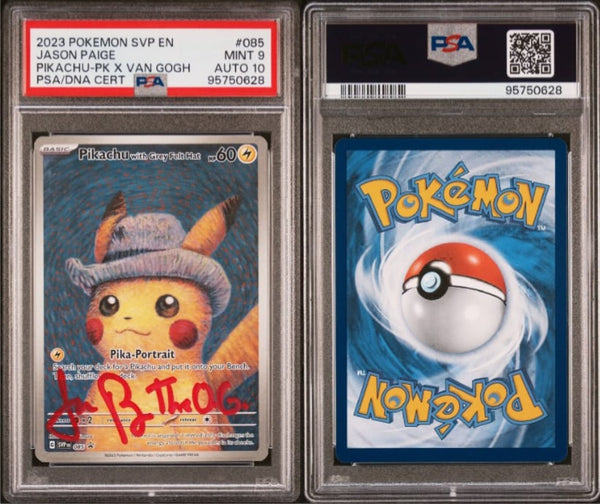 Pokemon x Van Gogh Museum Pikachu with Grey Felt Hat #SVP-085 Black Star Promo PSA MINT 9/AUTO 10 Trading Card (Signed by Jason Paige)