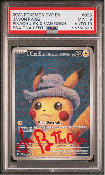 Pokemon x Van Gogh Museum Pikachu with Grey Felt Hat #SVP-085 Black Star Promo PSA MINT 9/AUTO 10 Trading Card (Signed by Jason Paige)