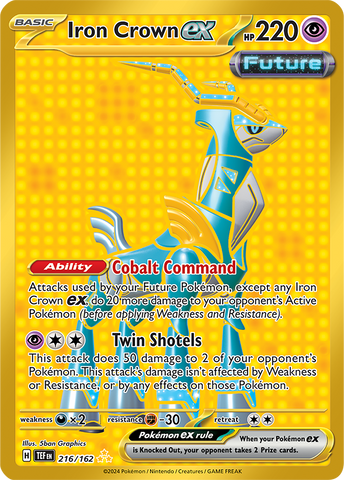 Pokemon Scarlet and Violet Temporal Forces Iron Crown Ex #216/162 Gold Hyper Rare Holo Trading Card