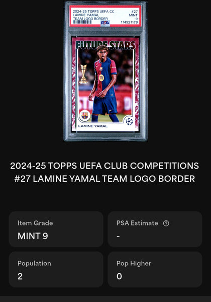 2024-25 Topps UEFA Club Competitions Flagship Edition Lamine Yamal #27 PSA Mint 9 Team Logo Border SP Parallel Trading Card (Pop 2)