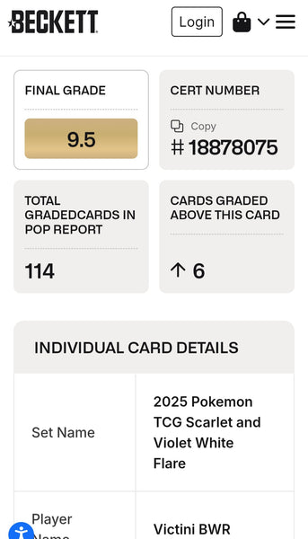 Pokemon Scarlet and Violet White Flare Victini #172/086 BGS Gem Mint 9.5 Black White Rare Holo Trading Card