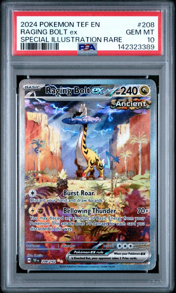 Pokemon Scarlet and Violet Temporal Forces Raging Bolt Ex #208/162 PSA GEM MINT 10 Special Illustration Rare Holo Trading Card
