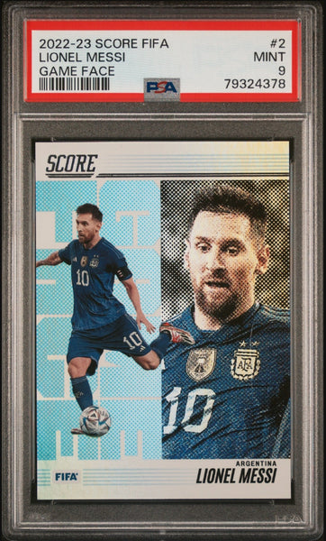 2022–23 Panini Score FIFA Game Face #2 Lionel Messi Case Hit PSA 9 Sammelkarte 