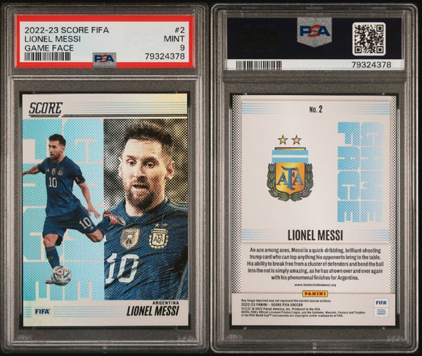 2022–23 Panini Score FIFA Game Face #2 Lionel Messi Case Hit PSA 9 Sammelkarte 