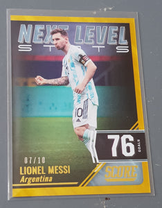 2021-22 Panini Score FIFA Next  Level Stats Lionel Messi #7 Gold Laser Parallel /10 Trading Card