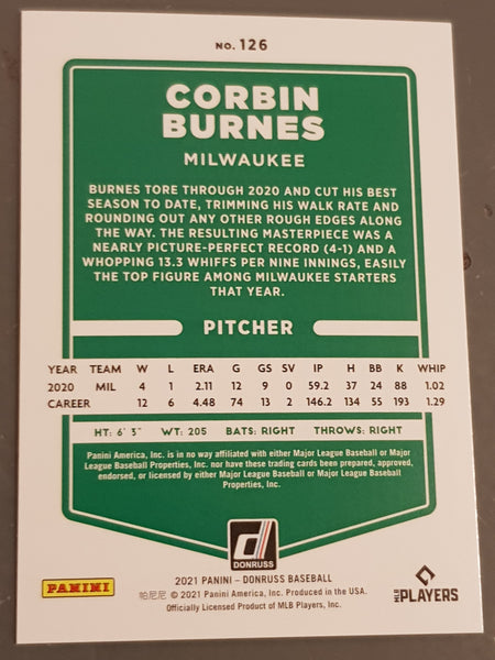 2021 Panini Donruss Baseball Corbin Burnes #126 Gold Parallel /10 Trading Card