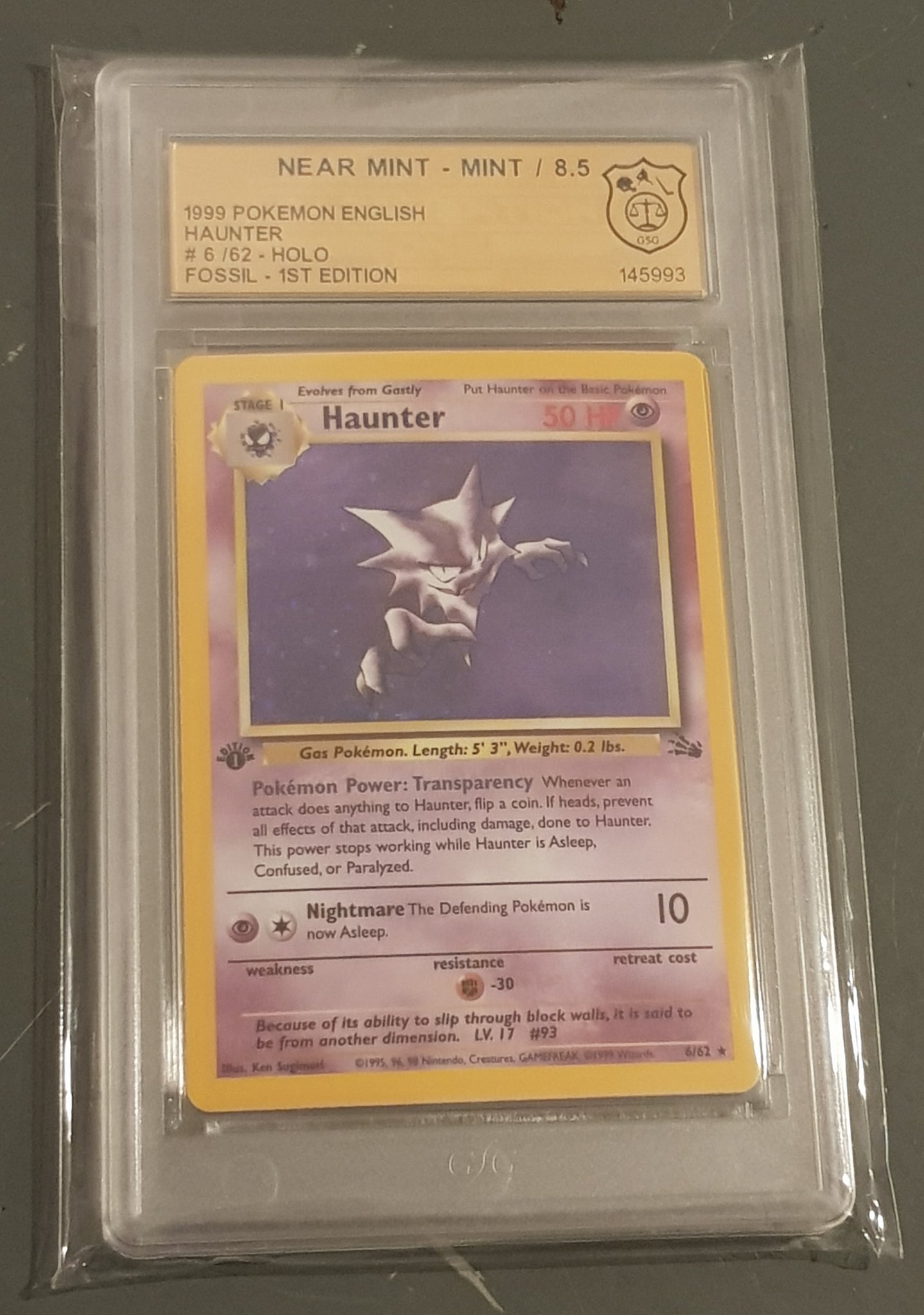 Pokemon Fossil (1st edition) Haunter #6/62 GSG 8.5 Holo Trading Card Rotterdam Comics Pokemon Fossil (1st edition) Haunter #6/62 GSG 8.5 Holo Trading Card Rotterdam Comics