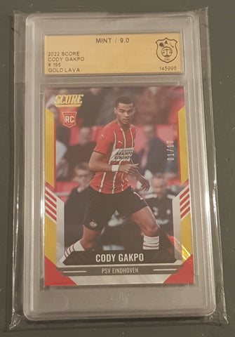 2021-22 Panini Score FIFA Cody Gakpo #195 Gold Laser Parallel /10 GSG 9 Rookie Card