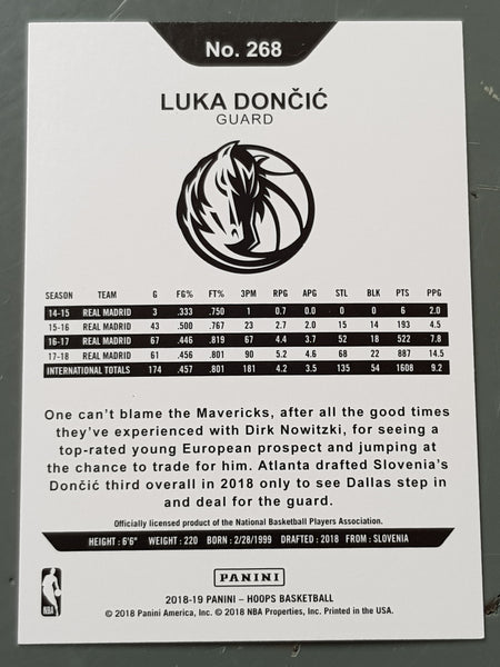 2018-19 Panini NBA Hoops Luka Doncic #268 Gold Rookie Card