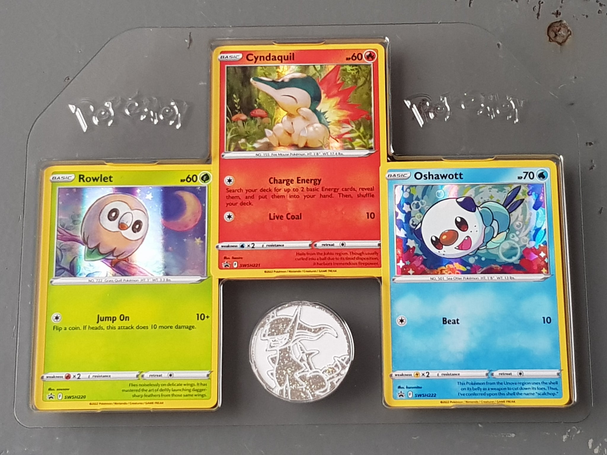 Pokemon Brilliant Stars Treasure Chest Black Star Promo Cyndaquil/Rowlet/Oshawott Holo Trading Card + Coin Set