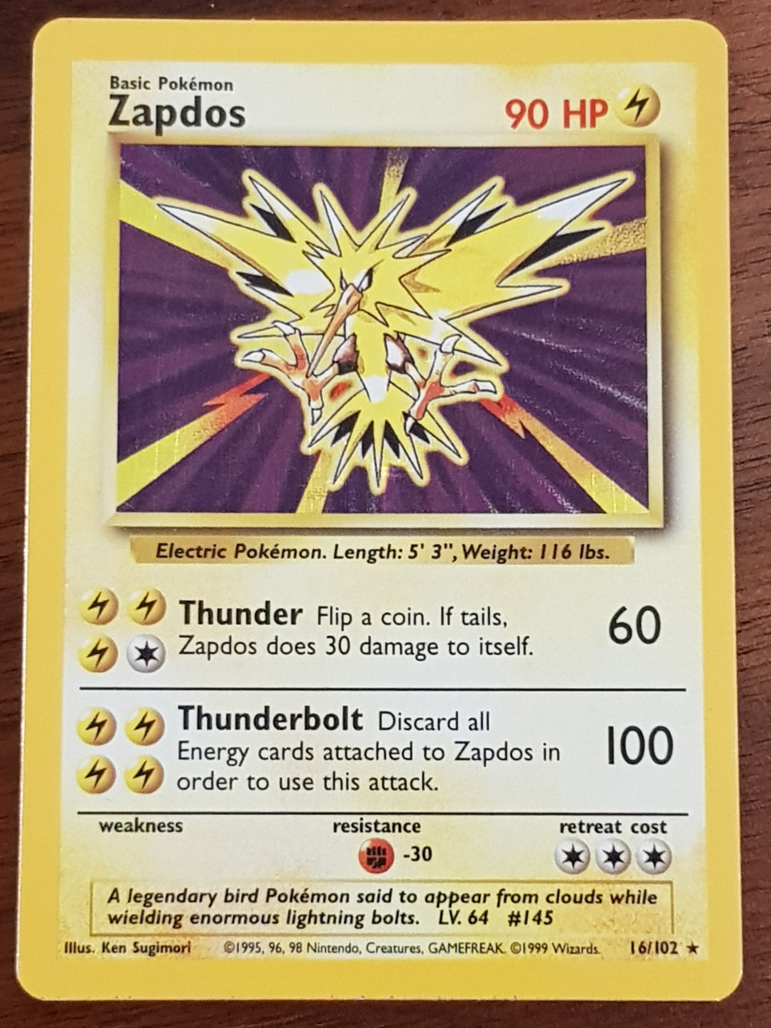 1995 zapdos pokemon card Pokemon Base Zapdos #16/102 Holo Trading Card – Rotterdam Comics