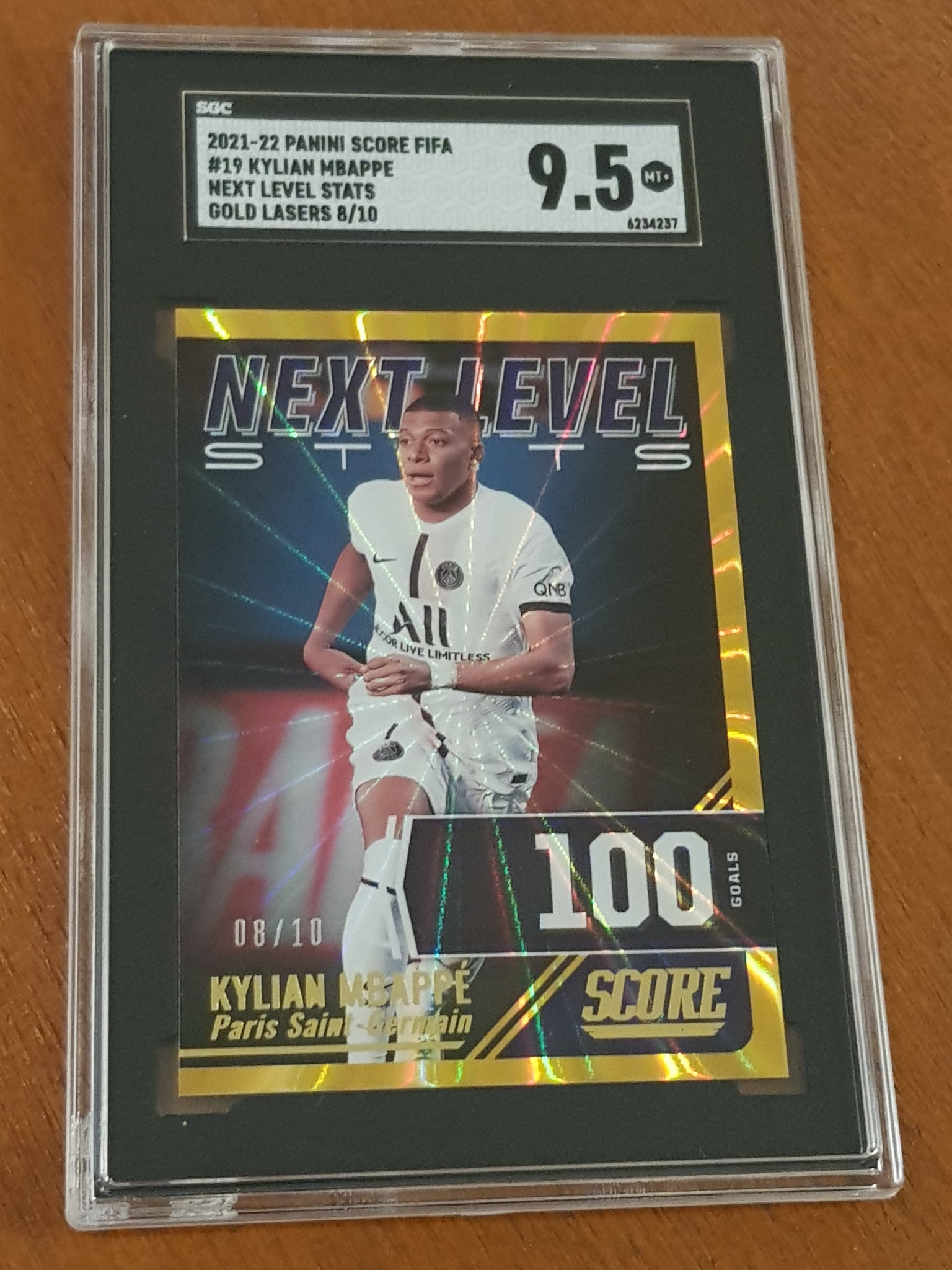 2021-22 Panini Score FIFA Next Level Stats Kylian Mbappe Gold Laser #/10 SGC 9.5 Trading Card