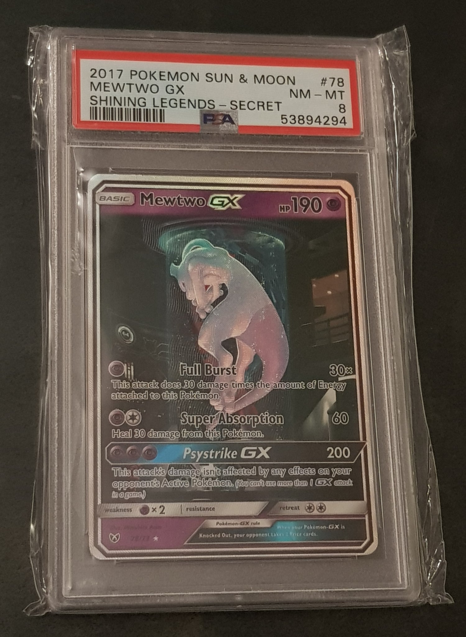 Pokemon Sun and Moon Shining Legends Mewtwo GX #78/73 PSA 8 Secret Rare Holo Trading Card