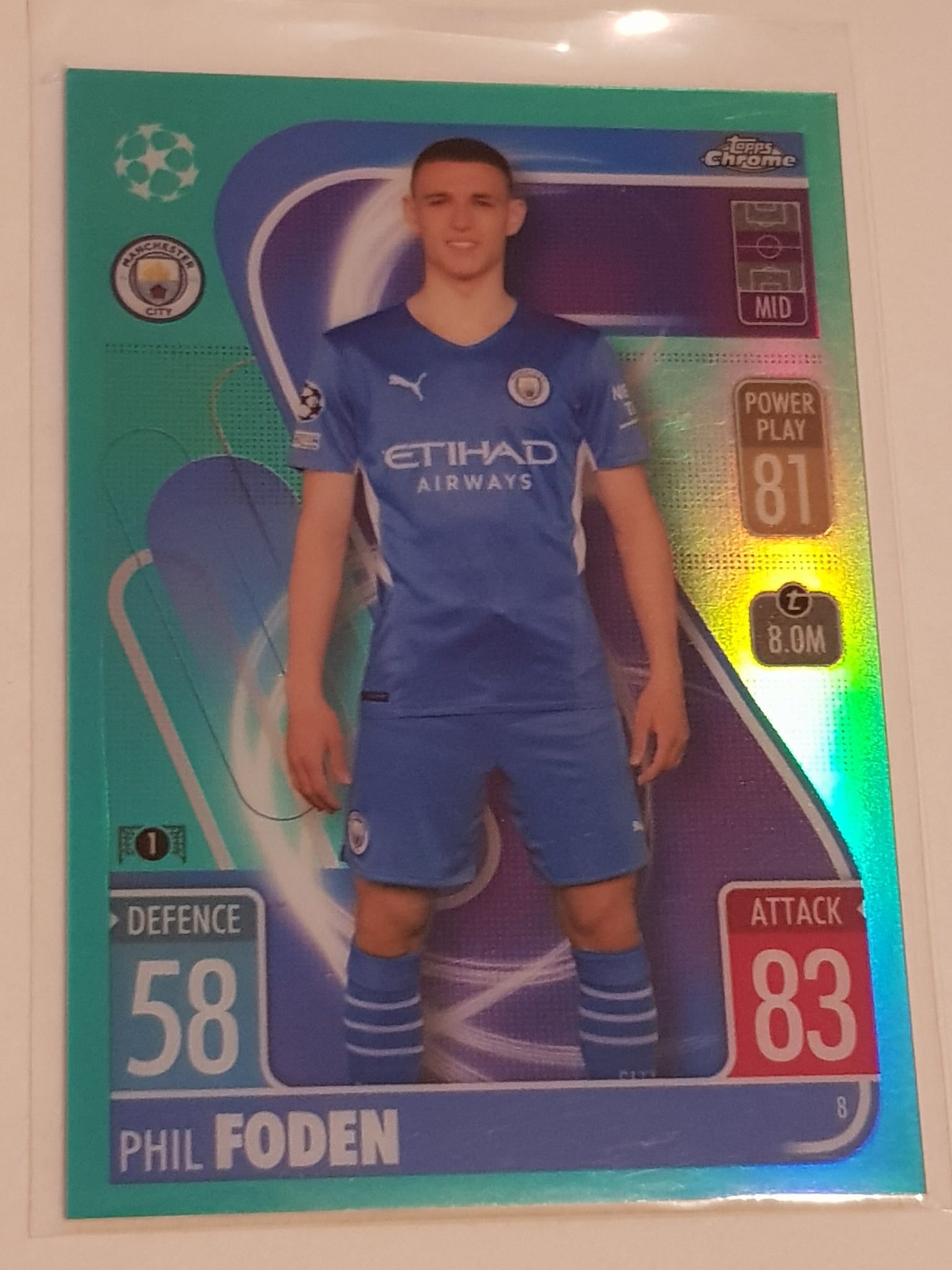 2021-22 Topps Chrome Match Attax UEFA Champions League Phil Foden #8 Aqua Refractor /150 Trading Card