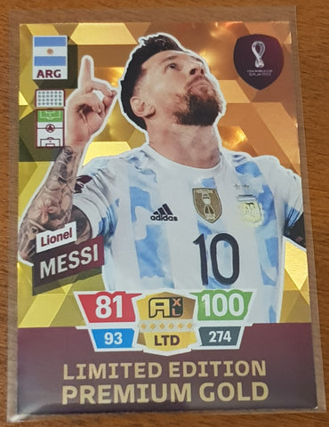 2022 Panini Adrenalyn World Cup Qatar Lionel Messi Limited Edition Premium Gold Trading Card