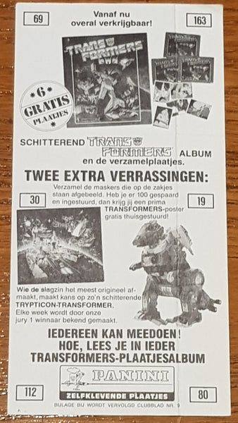 1986 Panini Transformers Promotional (6) Sticker Sheet