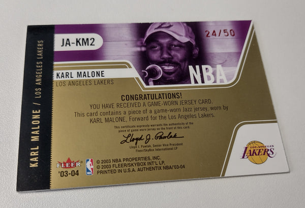 2002-2003 Fleer Authentix Basketball #JA-KM2 Karl Malone #24/50 Game-Worn Jersey Trading Card