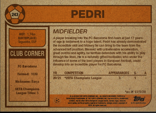 Topps the Living FC Barcelona #243 Pedri Rookie Card